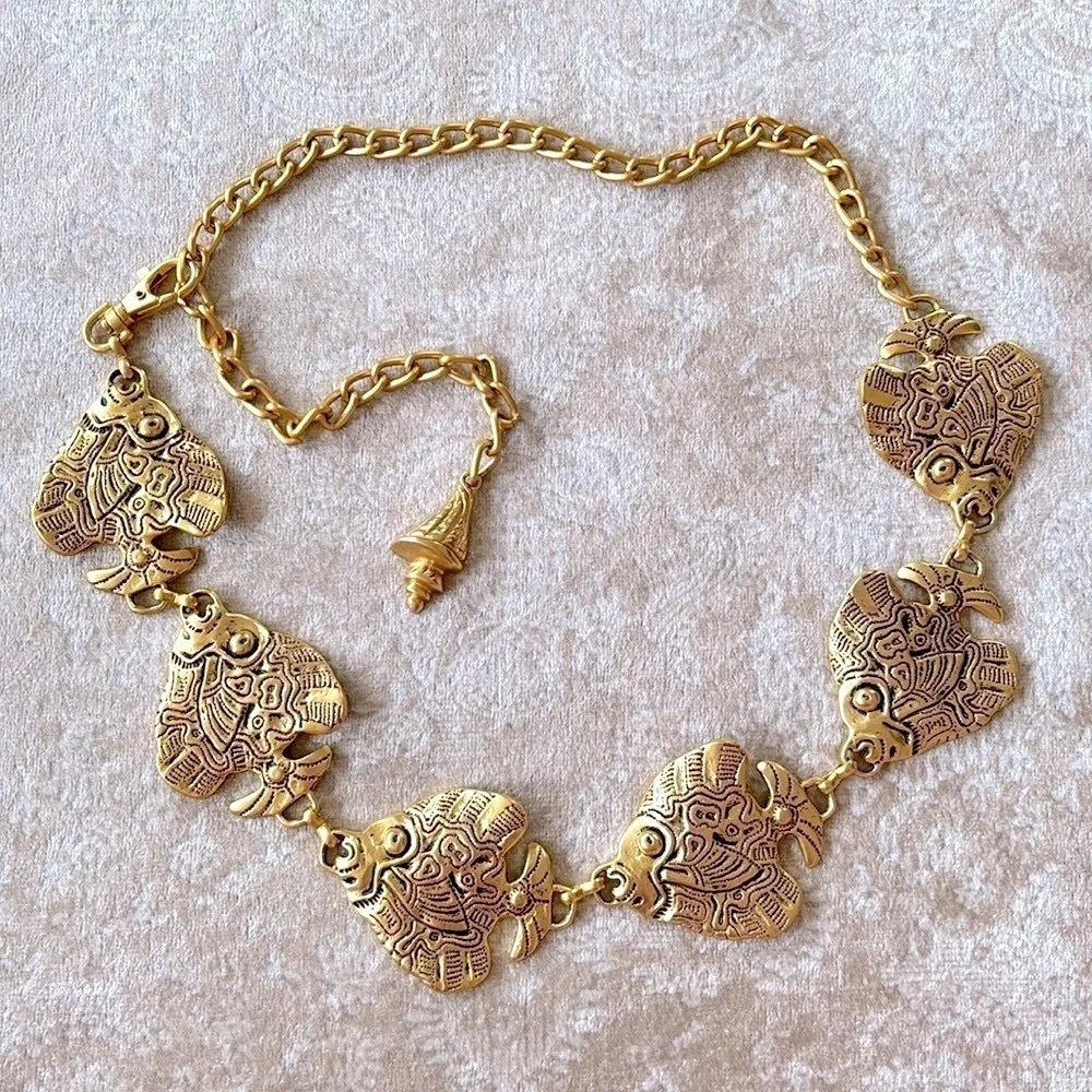 VINTAGE Gold Tone Tropical Angel Fish Chain Belt Metal Cinch Waist Lobster Clasp